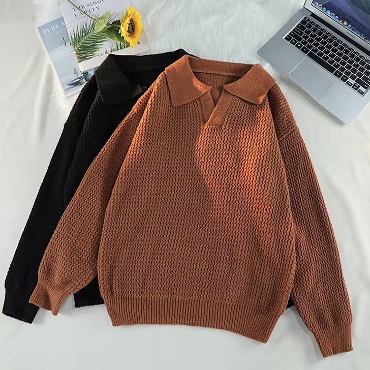 Autumn and Winter New V Neck Lapel Sweater Men's Couple Polo Shirt Retro Loose Pure Color Sweater Jacket Retro Style