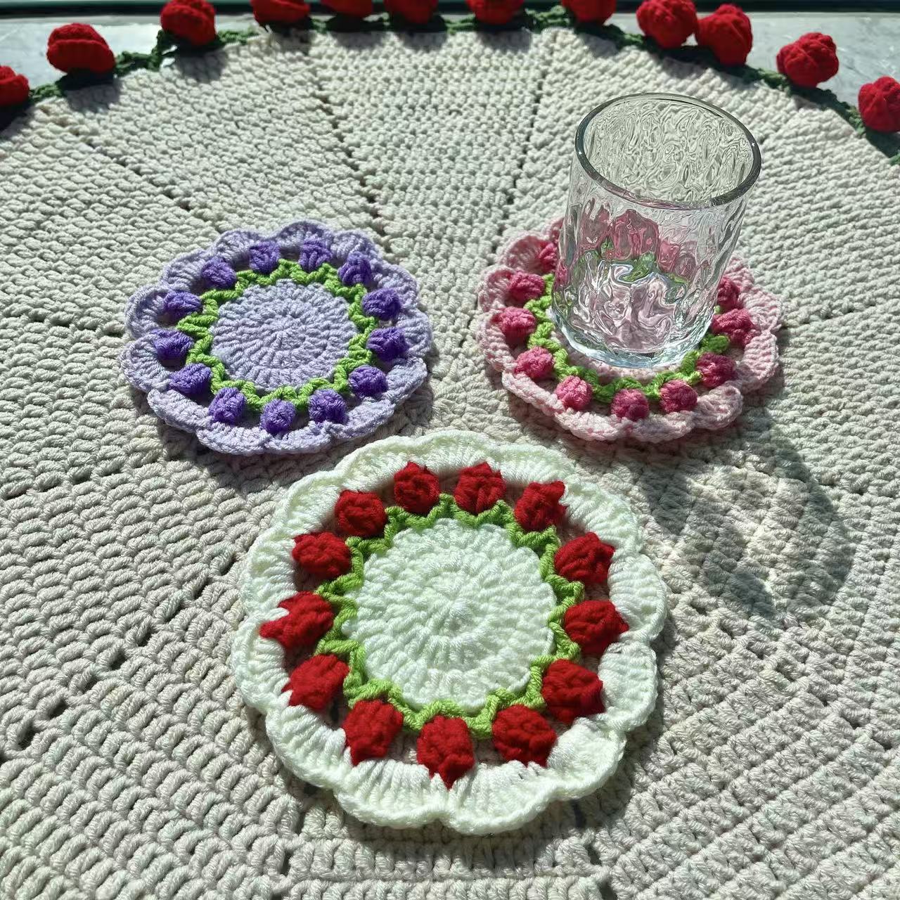 跨境成品玫瑰花束杯垫毛线手工编织钩针DIY针织郁金香勾花高级感