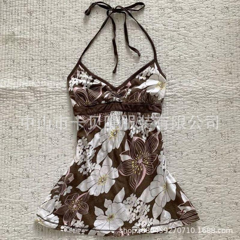 Vacation Style White Floral Halter Neck Tank Top for Women in Summer, Tie Design, Mature Style, Slimming and Flattering Blouse