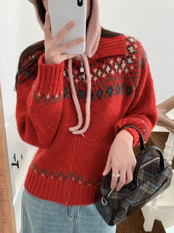 秋冬复古费尔岛翻领拉链毛衣外套女宽松外穿慵懒洋气针织开衫上衣|undefined