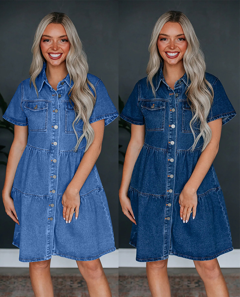 560g Weight Knee-Length Dress Length Type Wholesale Women's Streetwear Pocket Solid Color Casual Daily Shirt Collar Short Sleeve Regular Dress