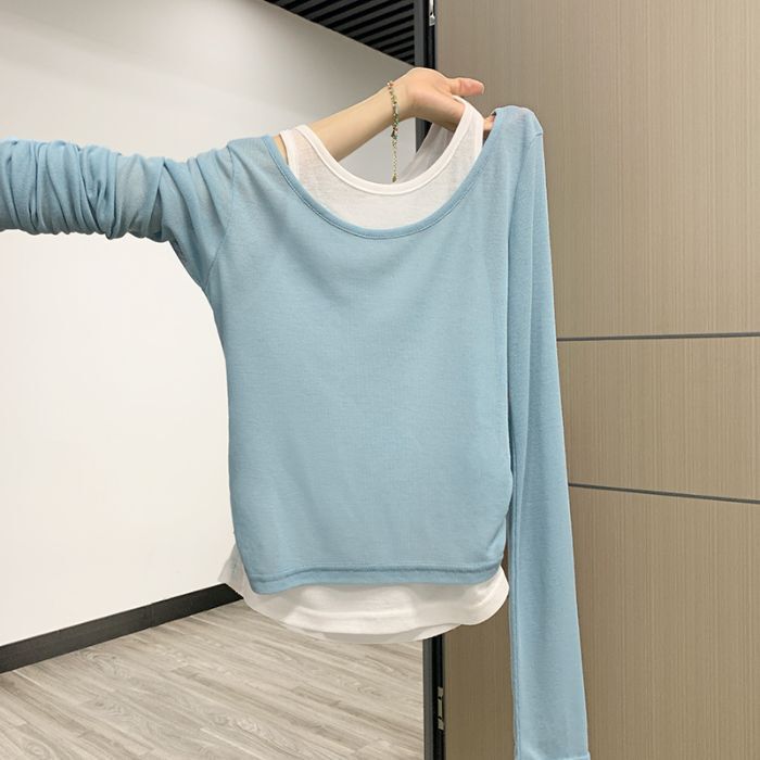【自社工場在庫あり】フェイクツーピースコントラストカラー長袖Tシャツレディースプリーツウエスト痩身インナーベストトップ|undefined