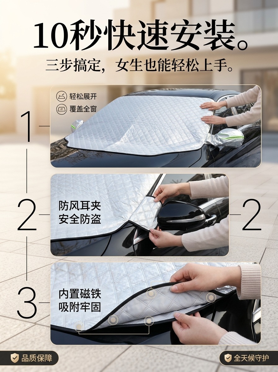 Car snow cover for front windshield, thickened anti-freeze and anti-frost sunshade, universal 5-magnet car cover half cover
