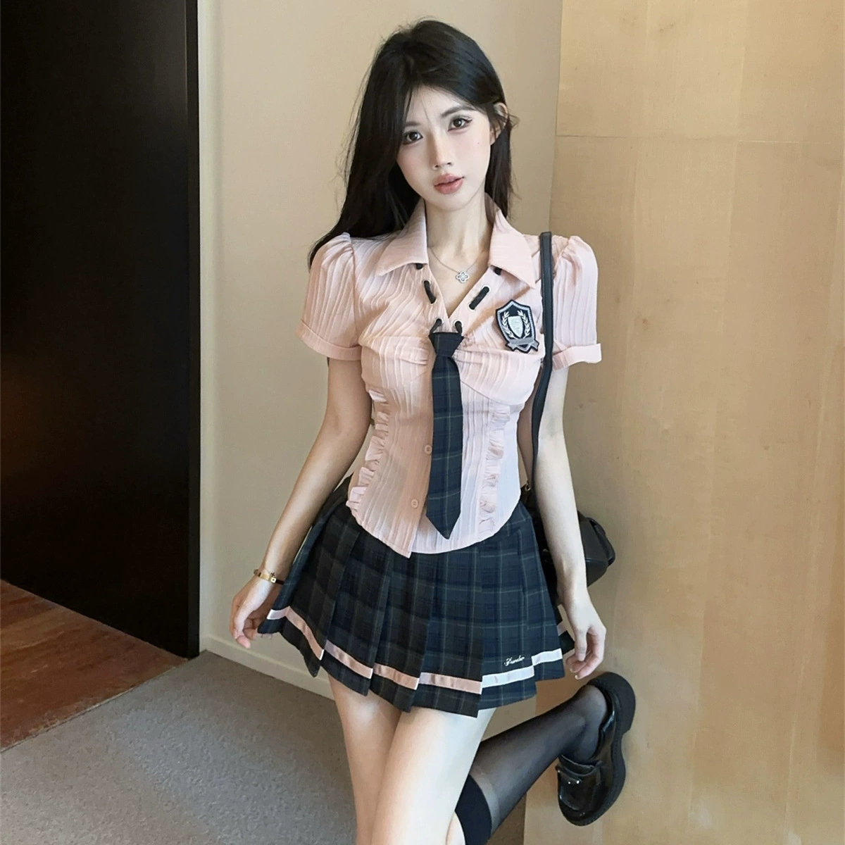 Миниатюрный комплект униформы JK в стиле преппи, комплект из двух предметов, высококачественная рубашка с короткими рукавами в клетку, плиссированная юбка, комплект из двух предметов