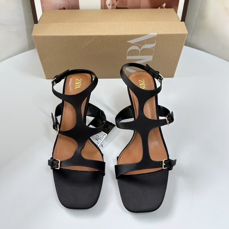 Za2025 New Spanish Black Women's Shoes Fashion Shallow Open-Toe Back Strap Stiletto Ankle Strap High Heel Sandals