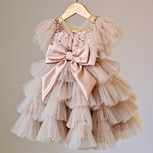 Kids' Dress 2024: New Arrival Girls' Beige Sequin Tiered Suspender Gown with Puffy Tulle Skirt and Bow