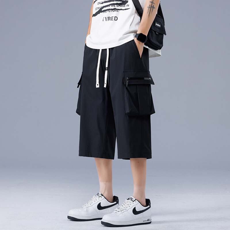 Men's Workwear Cropped Pants, Summer Thin Breathable Sports Shorts, Large Size Beach Shorts, Loose Wide-Leg Eight-Point Pants for Men