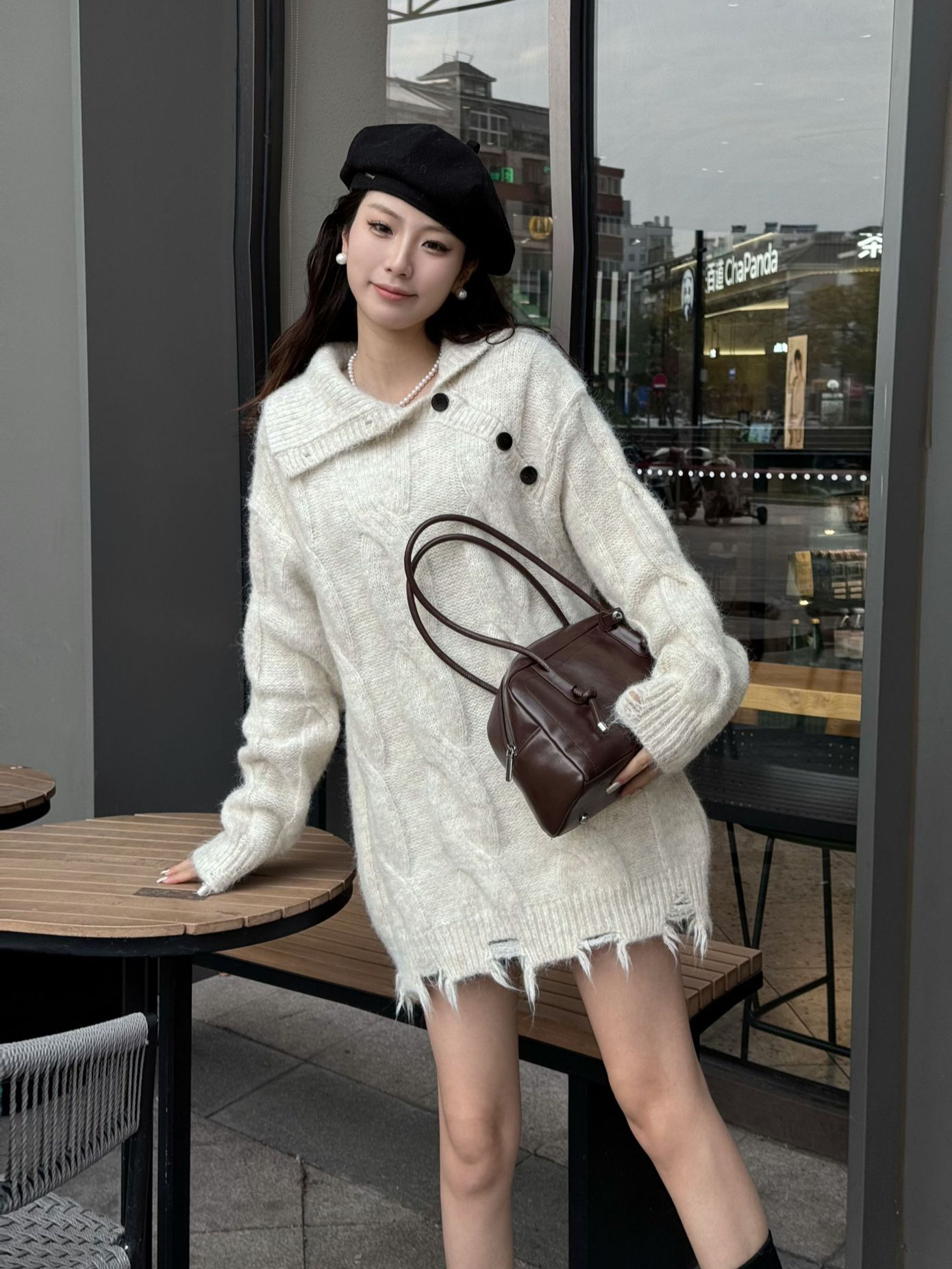 24 invierno Puyuan coreano botón de madera con solapa suéter de color contraste chaqueta de mujer nuevo estilo perezoso estilo de moda explosión