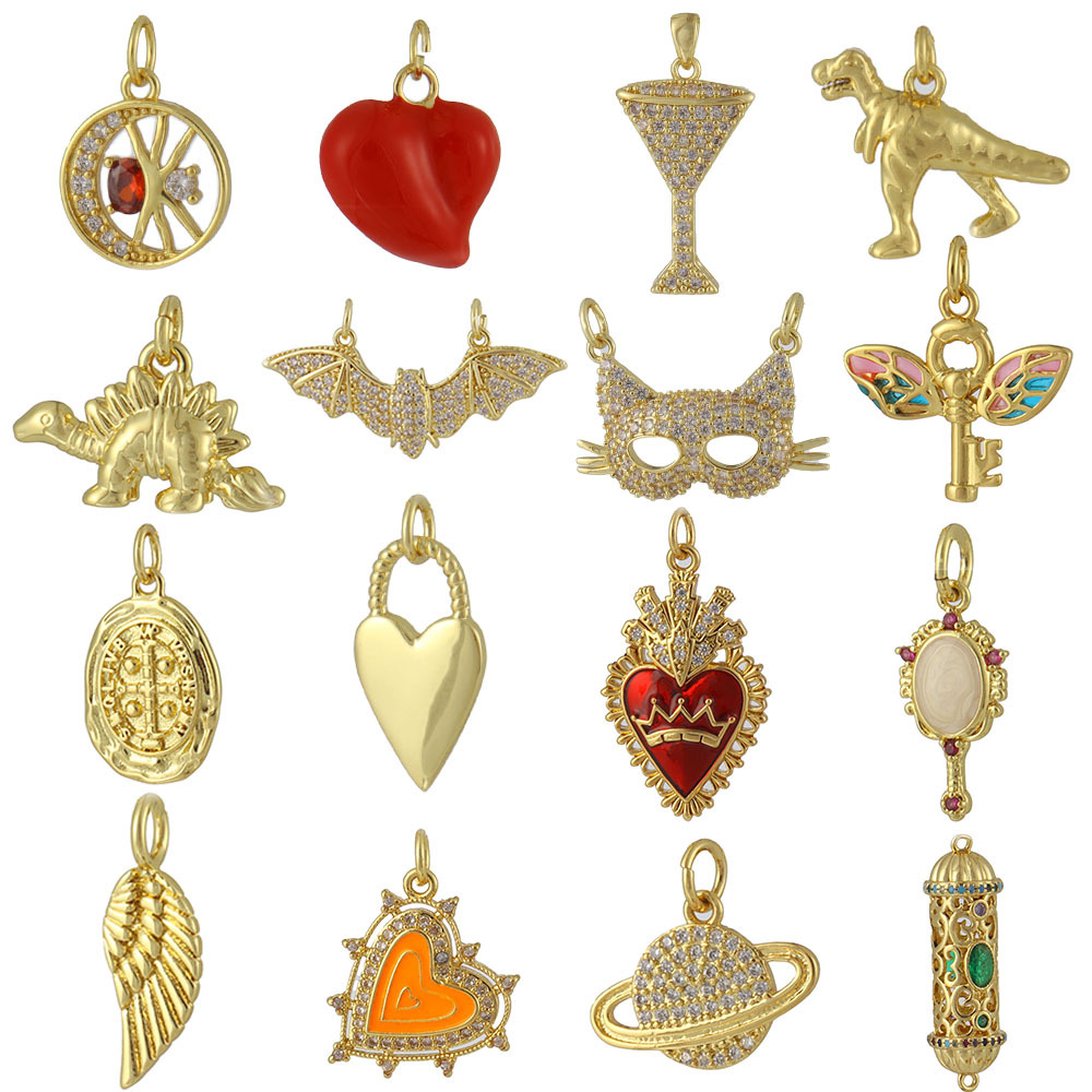 2g Weight Pendant Jewelry Making Type 14*16MM Jewelry Making Size Zircon Inlay Material DIY Jewelry Accessories Classification 1 Piece Quantity Copper Material Halloween Festival Dinosaur, Heart Shape, Bat Pattern Plating, Inlay Design IG Style Style 1 Piece 14*16MM Copper Zircon Dinosaur Heart Shape Bat Pendant 34