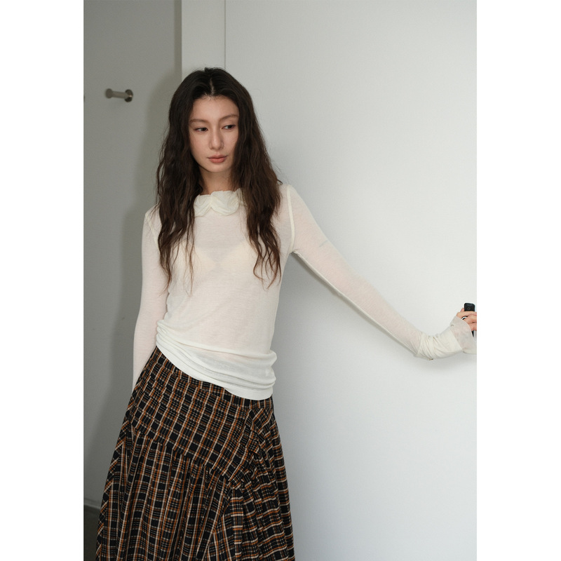 Nehe Guangzhou Thirteen Lines Women's Early Spring New Mesh Floral Collar Knitted Sweater Women's Top 258167