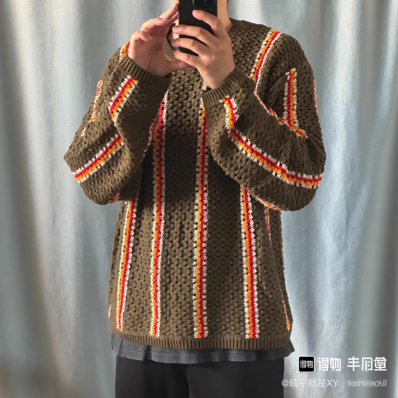 Cross-Border High-Quality Stu Stussy Autumn and Winter New Small Logo Striped Hollow Knit Crew Neck Sweater Versatile Style Cross-Border High-Quality Stu Stussy Autumn and Winter New Small Logo Striped Hollow Knit Crew Neck Sweater Versatile Style