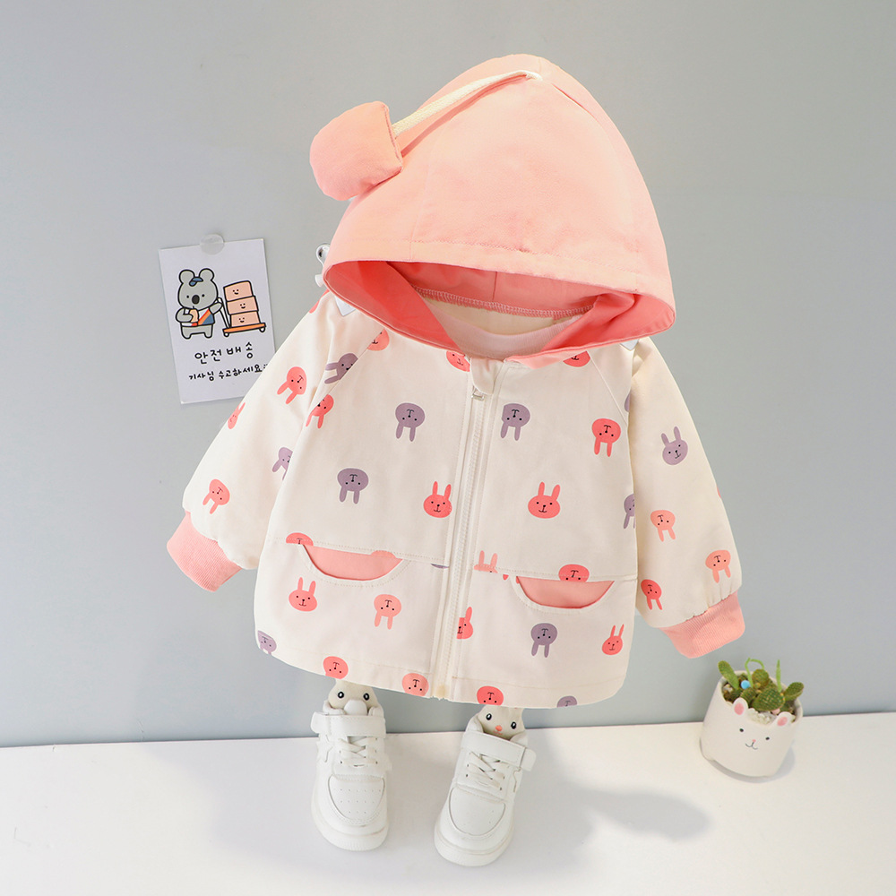 Girls' Spring and Autumn Hooded Jacket, Mid-Length Children's Spring Style, Korean Style Printed Trench Coat, Children's Zipper Jacket 1563