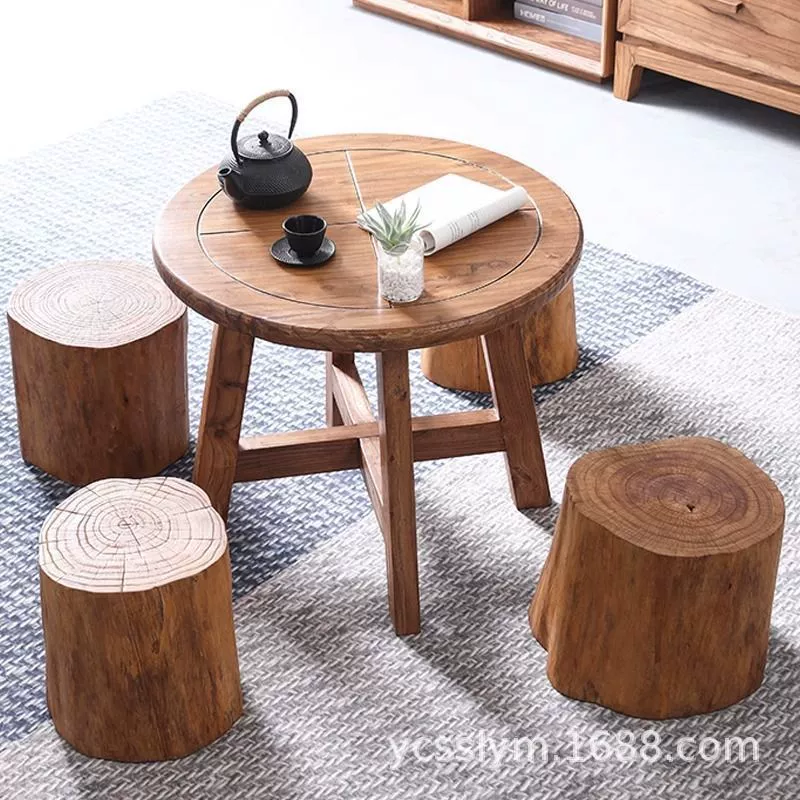 Комбинированный журнальный столик из массива старого вяза, круглый, для маленькой квартиры, гостиной, дома, простой, для кафе, небольшой чайный столик
