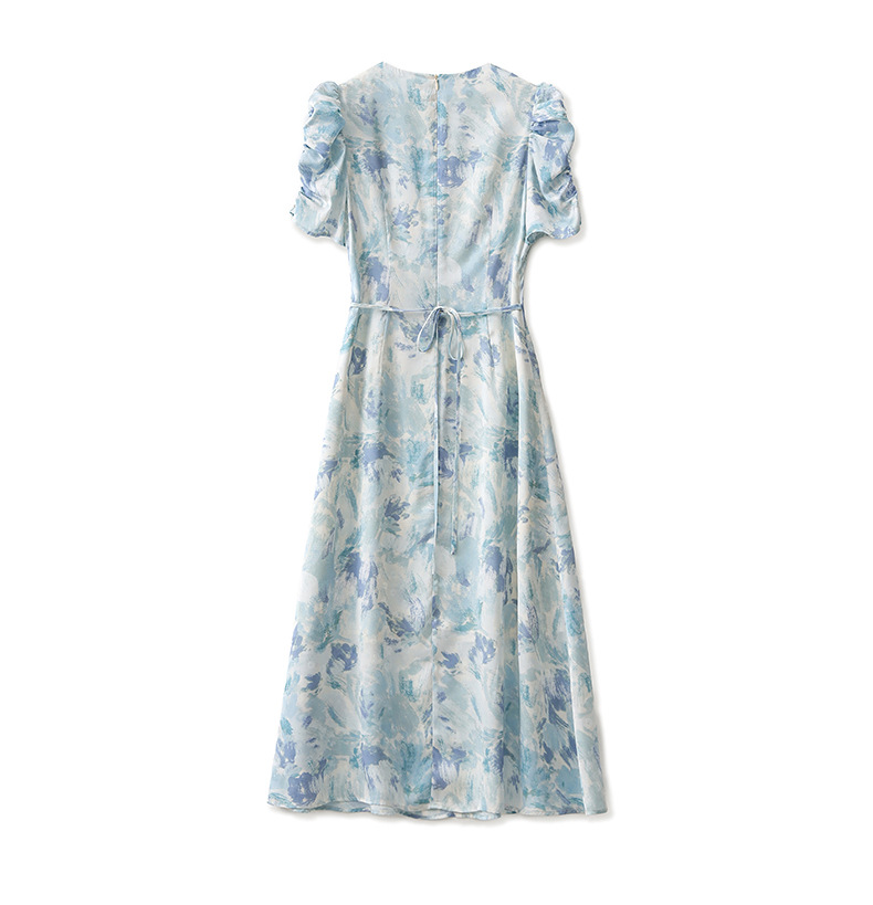Đầm maxi nữ thắt eo chất liệu jacquard in họa tiết cao cấp — Màu xanh lam chi tiết 11