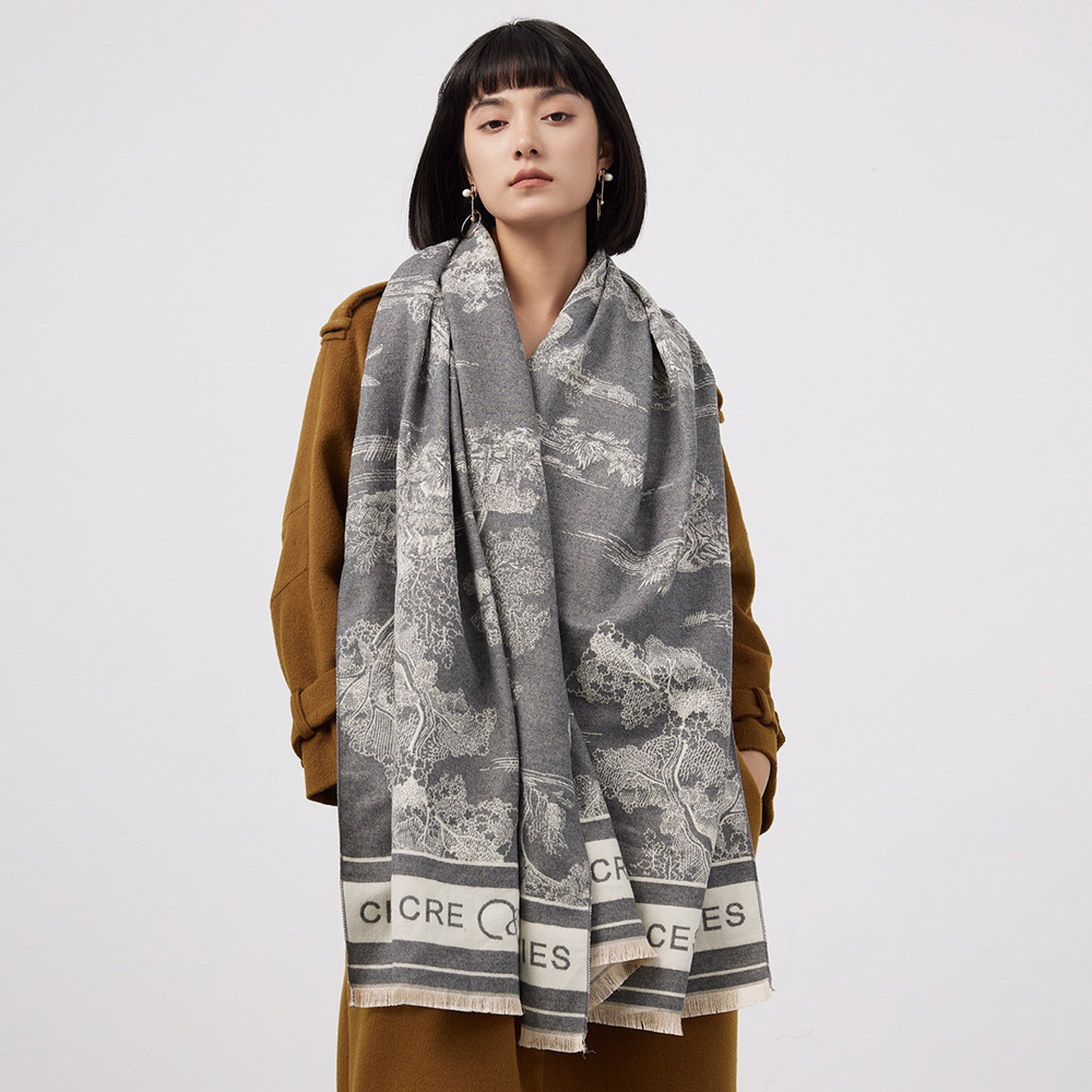 Jacquard Landscape Painting Cashmere Scarf For Women's Office Air-conditioned Room Thick And Warm Long Trendy Scarf_voghion.com