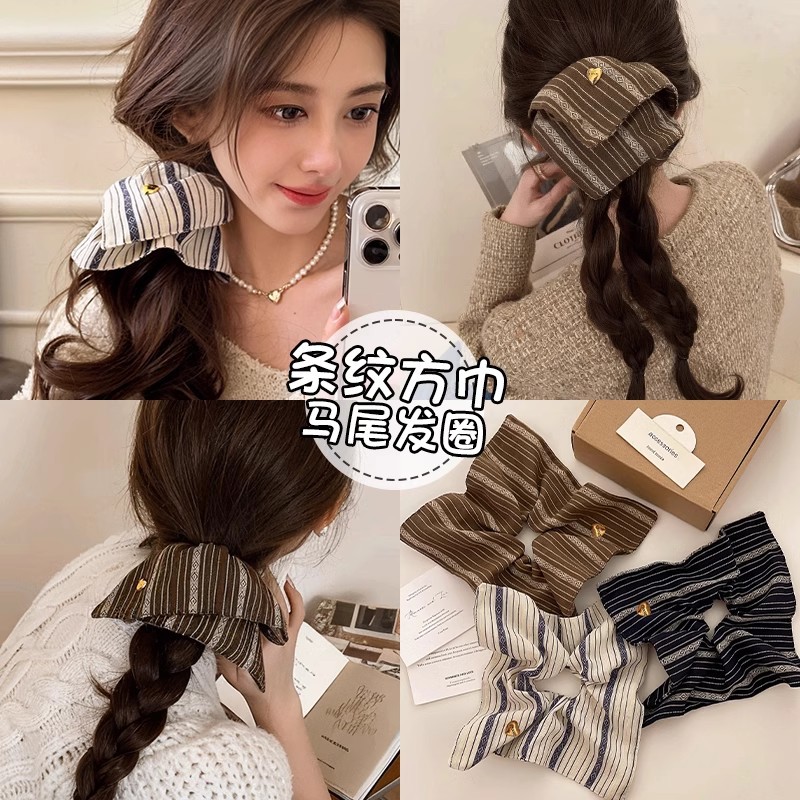 Retro rayas toallas cuadradas intestino grueso anillo de cabello de alta elástica cuerda de cabello de cola de caballo de alta calidad correa de cabello tocado de mujer