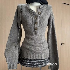 复古灰色长袖针织衫女秋冬半开领修身套头毛衣设计感显瘦百搭上衣