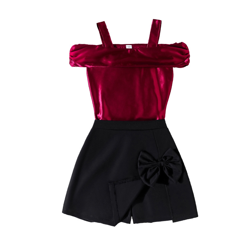 Ropa de niñas primavera y verano nuevo 2026 Europa y los Estados Unidos dulces cinturón de hombro chaqueta de arco un conjunto de dos piezas