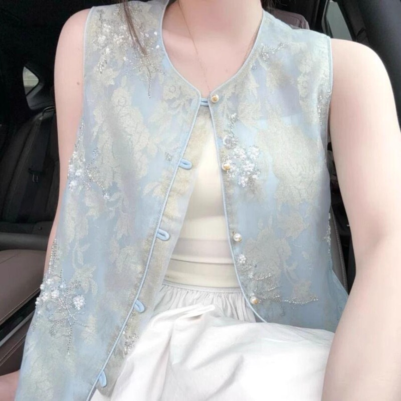 2026 Spring New Chinese Style Top with Beading and Sequins, Heavy Embroidery, Fashionable Thin Vest Top