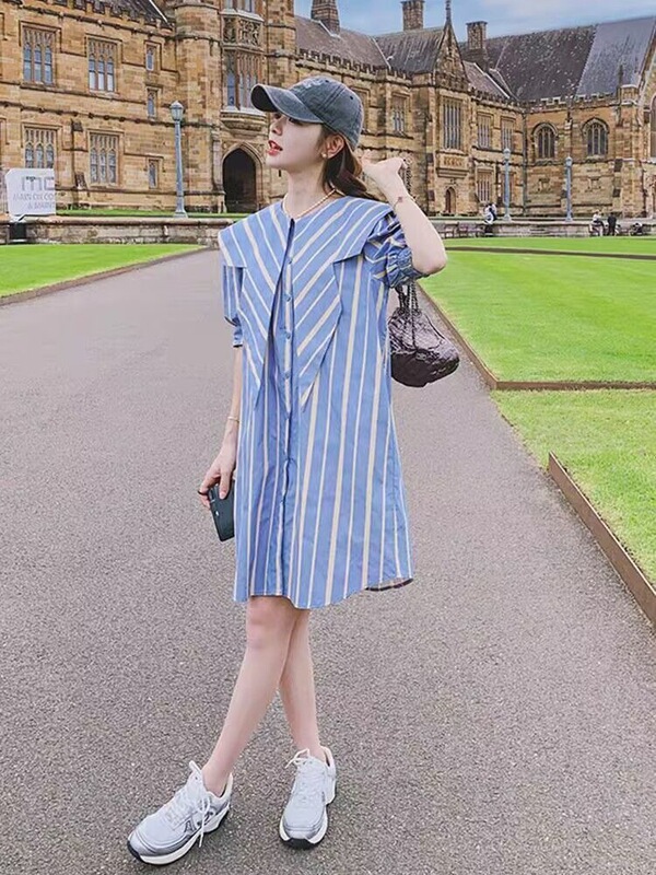 Unmun Blue Navy Striped Shirt Dress for Petite Women 2026 Summer New Loose Fashion Vertical Stripes Unmun Blue Navy Striped Shirt Dress for Petite Women 2026 Summer New Loose Fashion Vertical Stripes