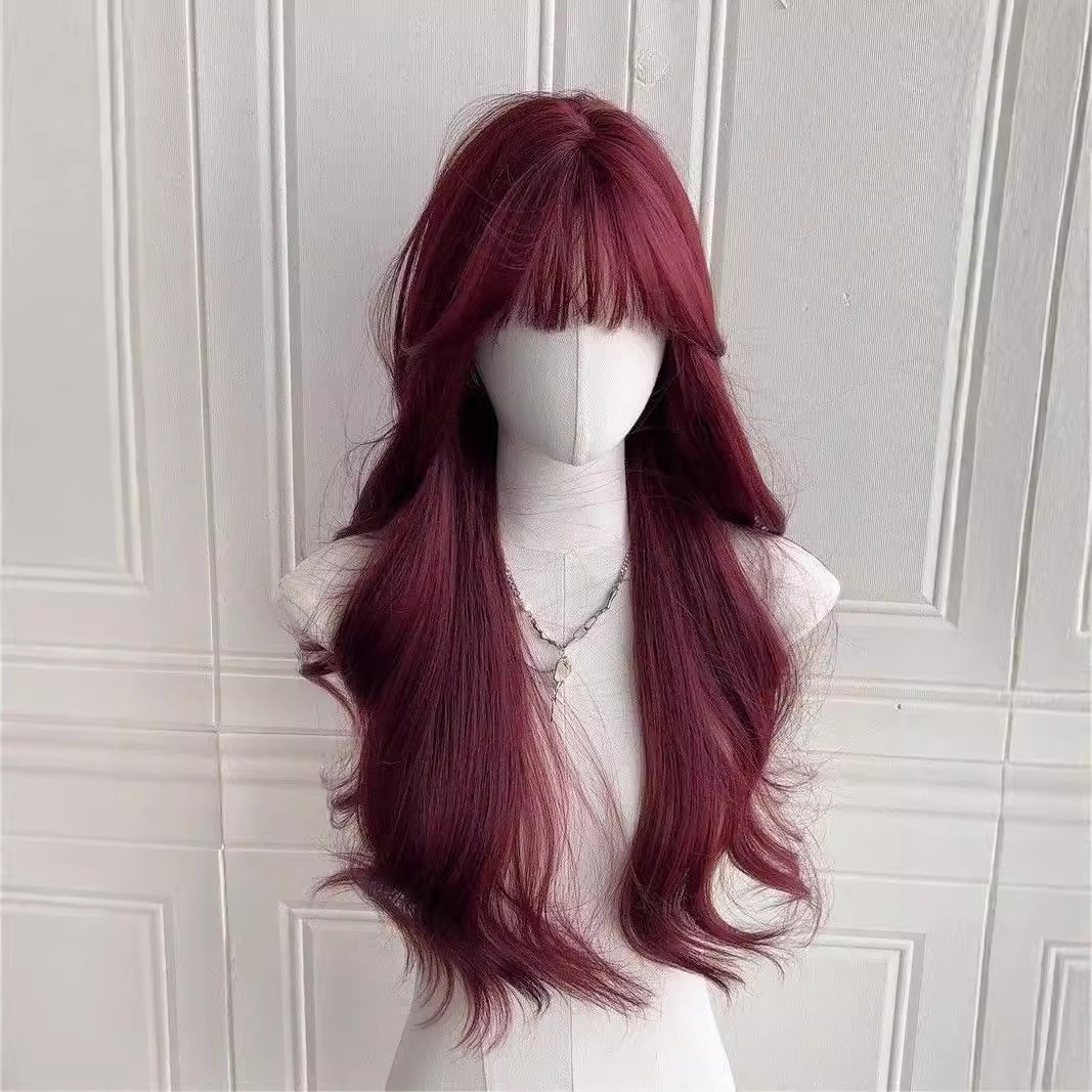 [raspberry red] machine-made long curly hair with bangs
