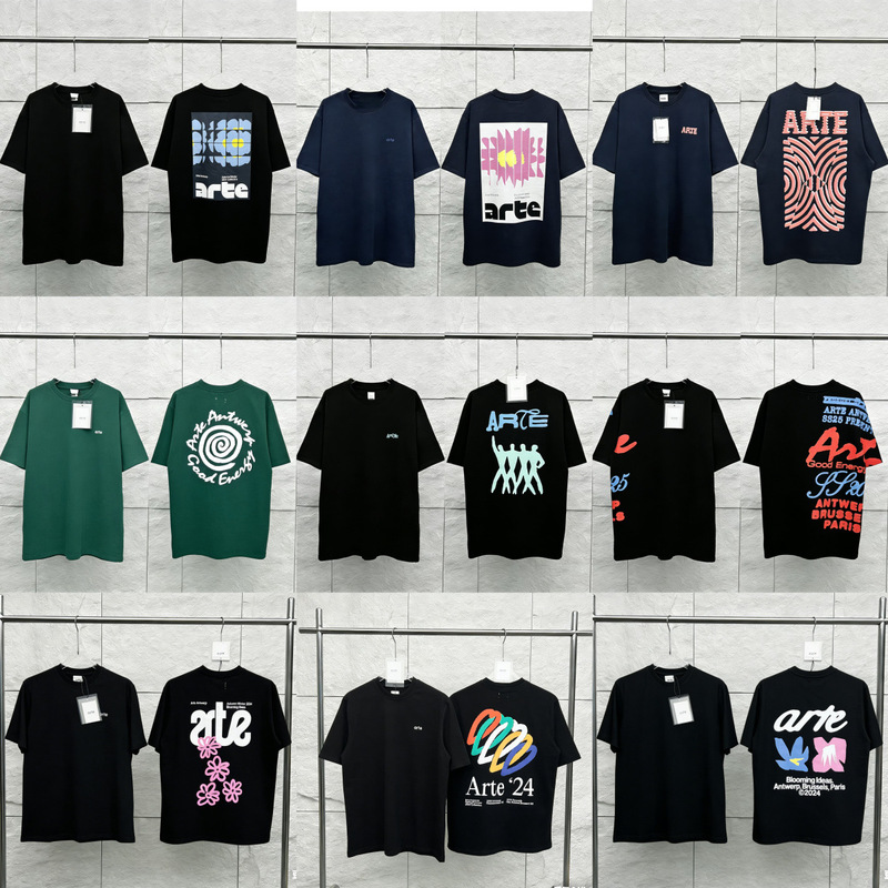 Cross-Border Trade High-Quality Arte Letter Floral Print Short-Sleeve T-Shirt American Retro Loose Half-Sleeve Trendy Brand for Men