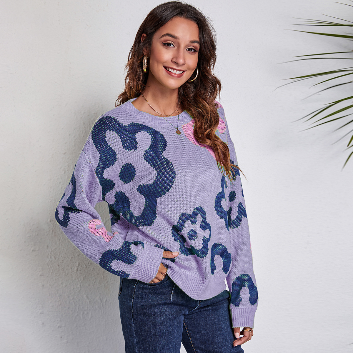 Independent station explosive flower jacquard off-shoulder knitted sweater women loose autumn and winter new European and American women cross-border