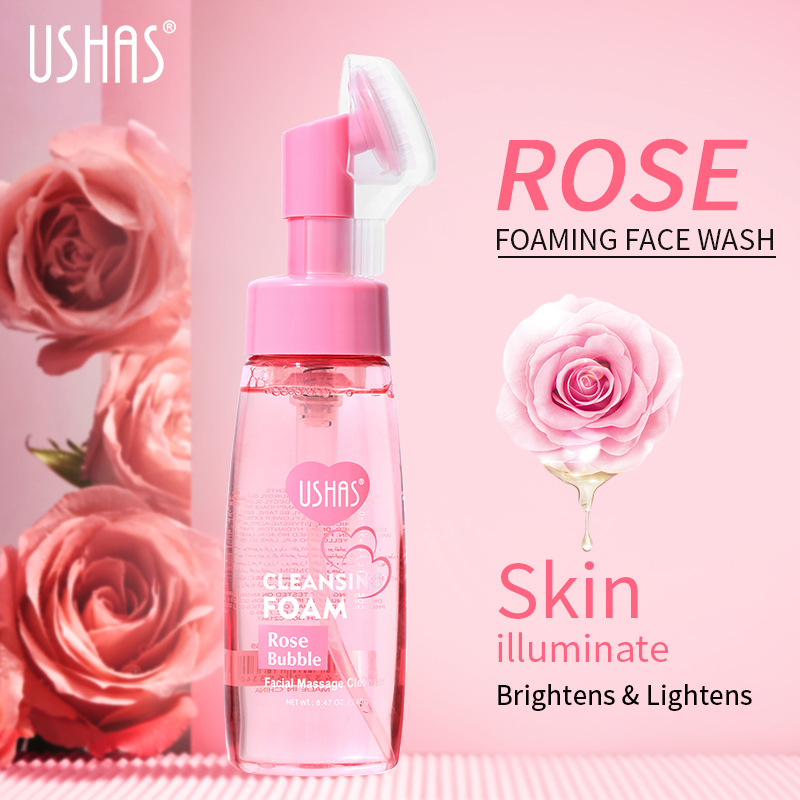 USHAS punto transfronterizo venta caliente rosa espuma limpiadora limpiador facial mousse limpieza profunda con cabezal de cepillo