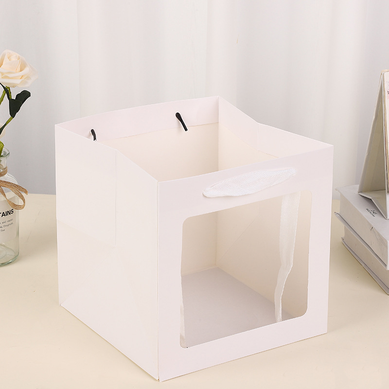 Bolsa de embalaje cuadrada engrosada flores boda bolsa de regalo de fondo ancho ventana transparente bolsa de regalo portátil bolsa de papel al por mayor