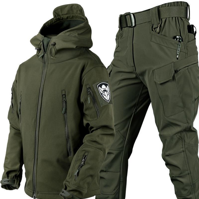 Cross-Border Outdoor Sharkskin Hooded Softshell Jacket and Pants Without Lining, Winter Warm Thickened Camouflage Hiking and Mountaineering Gear
