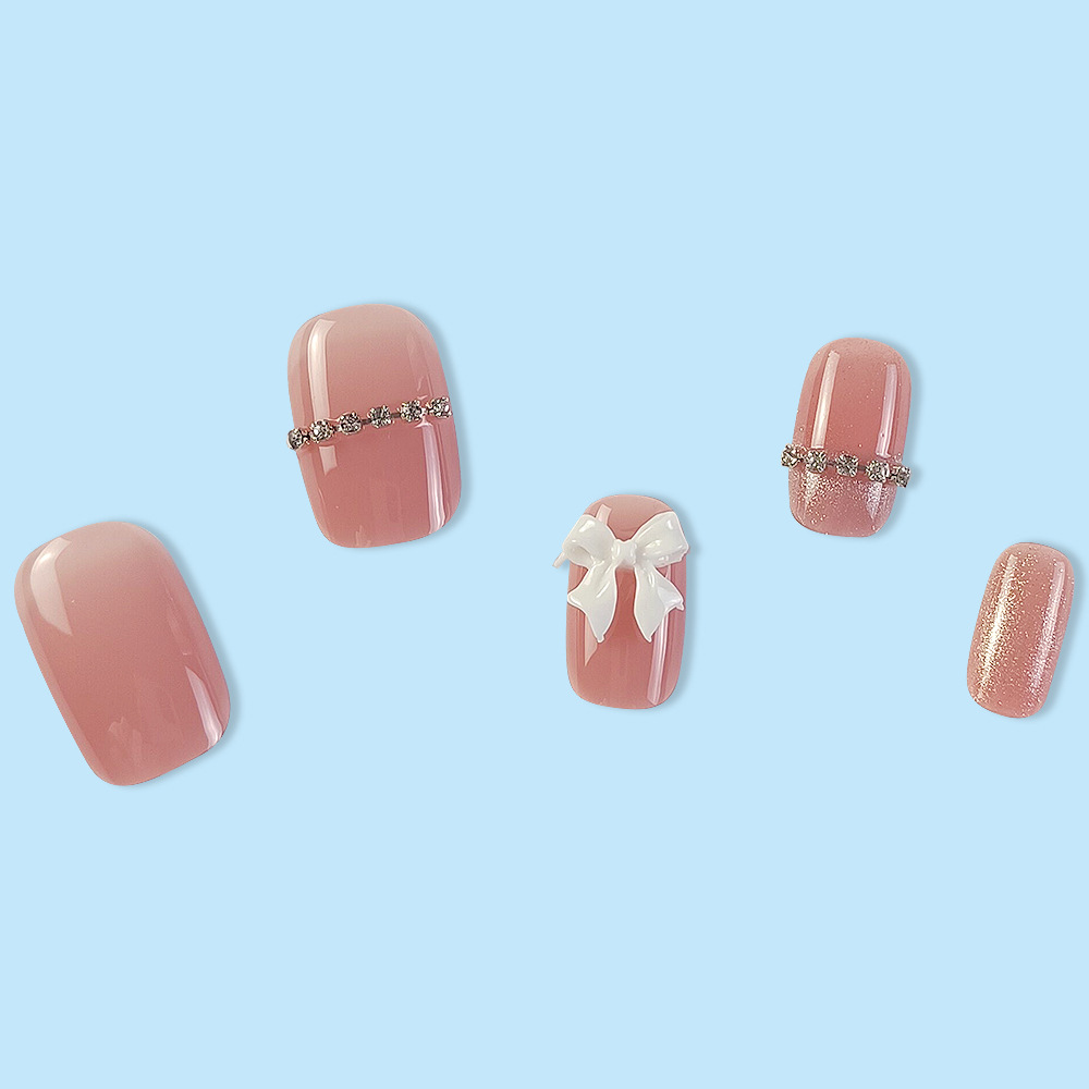 Parche de uñas postizas de ojo de gato de rosa desnuda, lazo, uñas de uñas blancas, 24 piezas, ropa corta tridimensional