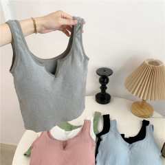 高質量 小v領背心女2024新款夏季杯罩一體式外穿透氣辣妹短款上衣