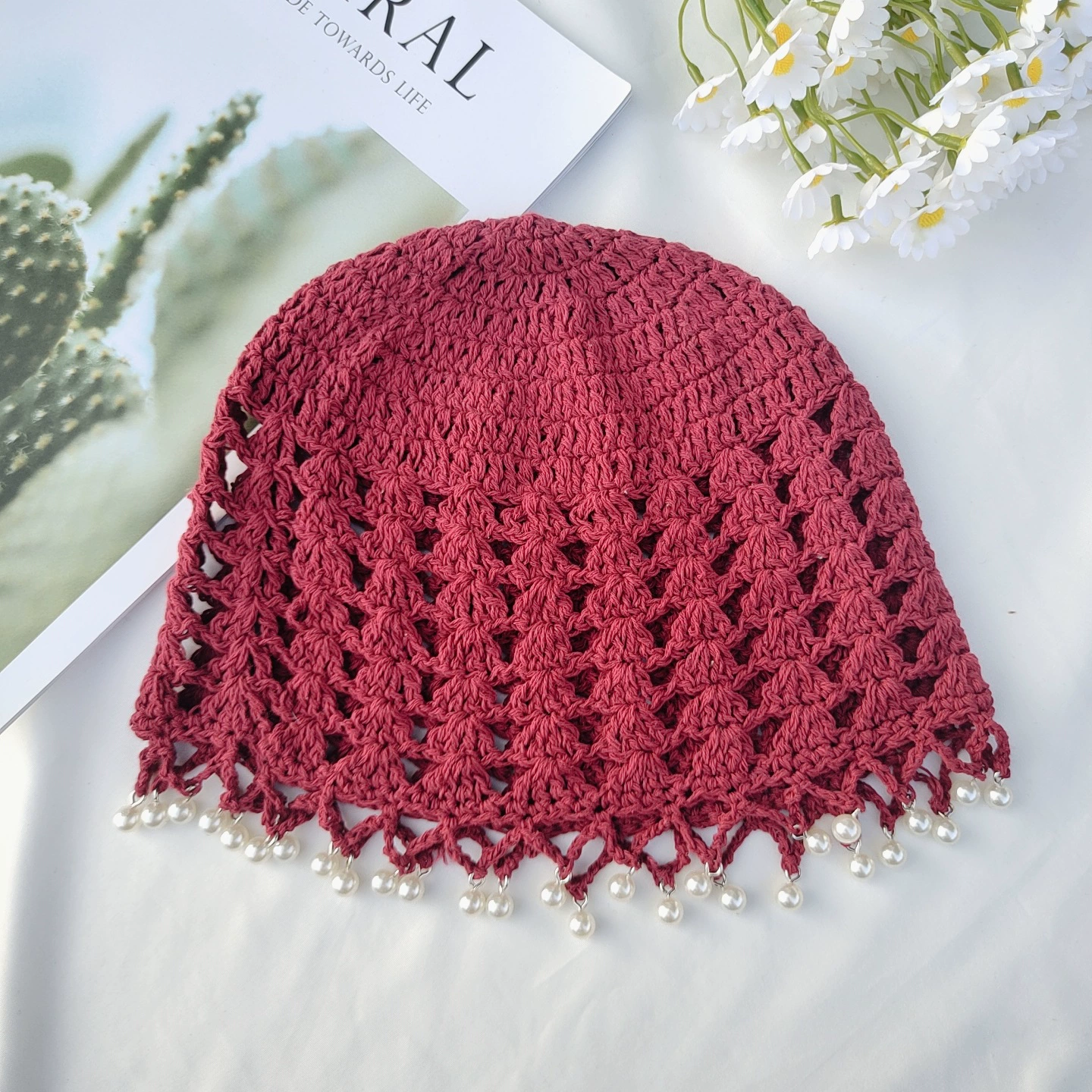 Pendant pearl, thin retro knitted hat, boho style