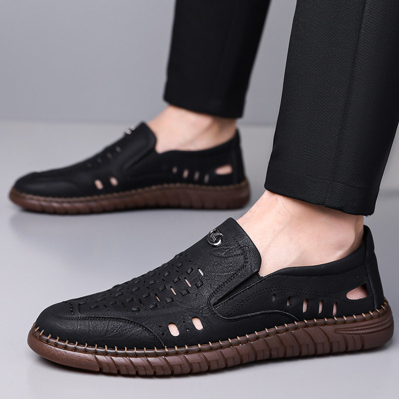 Dép sandal nam da dệt thoáng khí kiểu lười mũi vuông cỡ lớn — Màu kaki, Màu trắng, màu đen