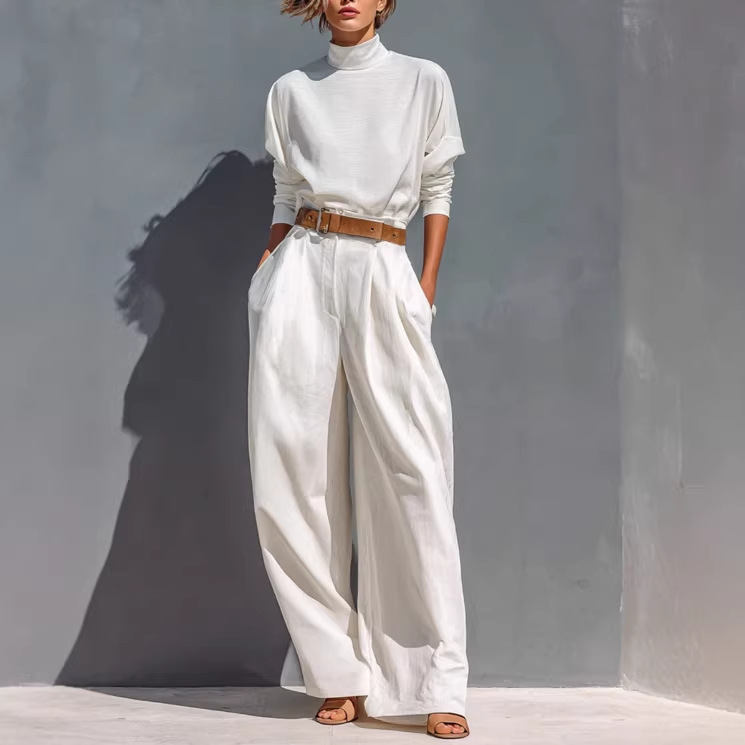 2026 European and American Cross-Border Amazon New Women's All-White Half-Collar Long-Sleeve Loose T-Shirt and Wide-Leg Two-Piece Set