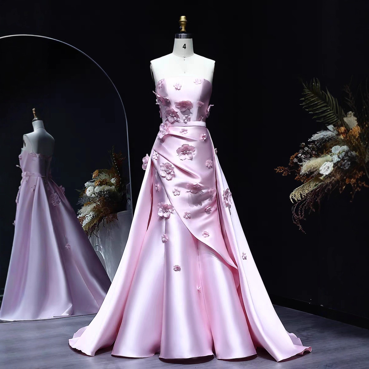 Cross-Border Foreign Trade Evening Dress Satin Strapless Slim-Fit Mermaid Two-Way Wear Three-Dimensional Floral Detachable Two-Piece Gown