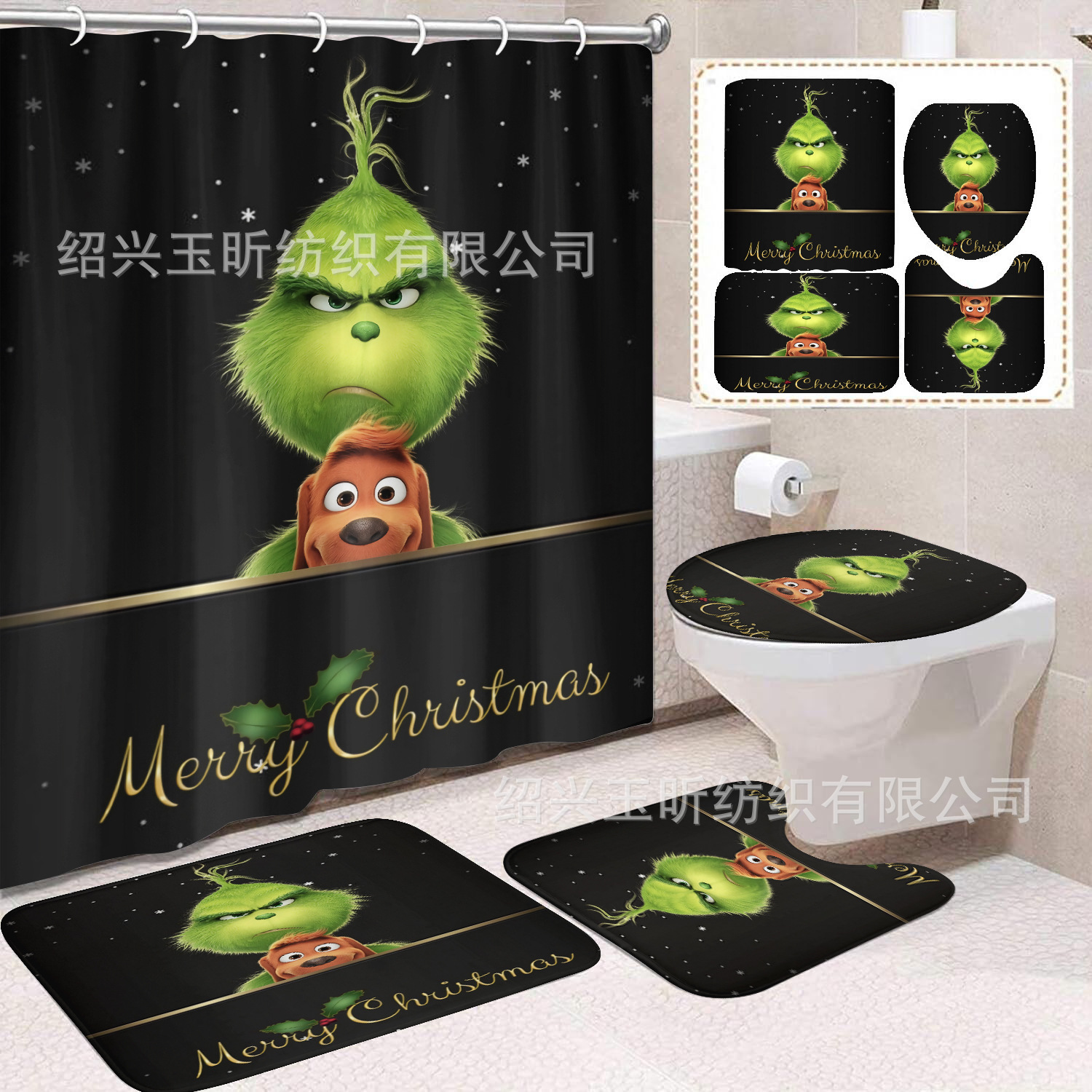 Tela de cortina de ducha transfronteriza, cortina de ducha impermeable, alfombra antideslizante de baño, juego de Grinch 4 de pelo verde al por mayor, sin perforación