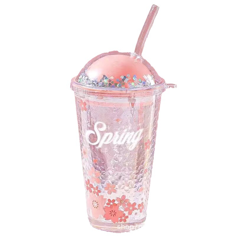 Vidrio Patrón de martillo taza de paja de alto aspecto flor de cerezo taza de agua Internet celebridad paja taza estudiante taza de café taza de paja al por mayor