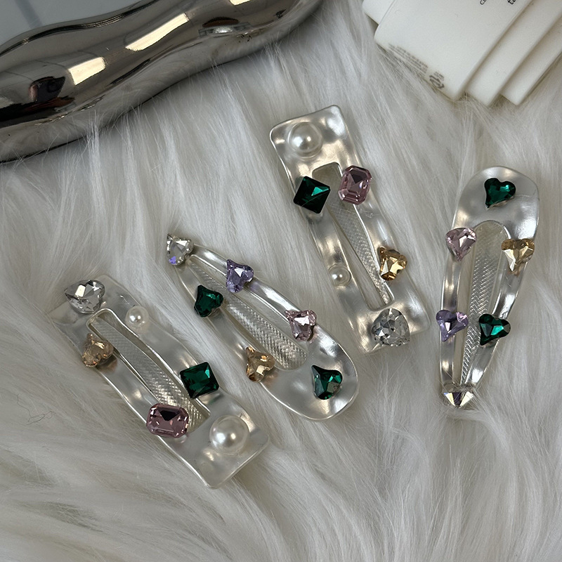 Kleurrijke edelsteen retro elegante zilveren legering Parel Strass eendenbek clip haarspeld meisje Hart zij pony clip_voghion.com