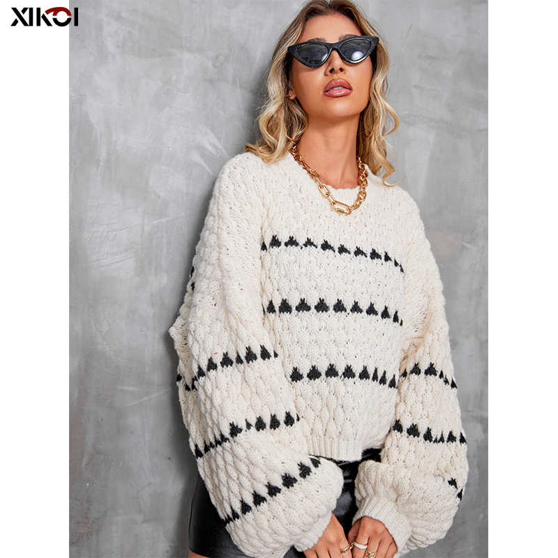Women's Clothing Striped round neck pullover thick needle sweater women's loose lazy style new long sleeved knitted sweater top trend_voghion.com
