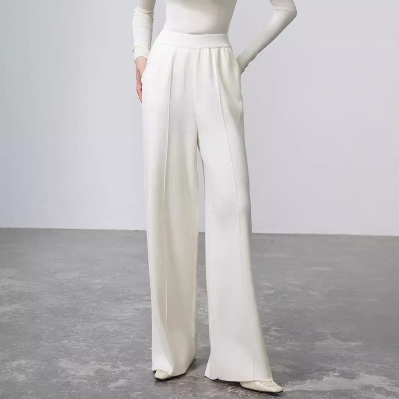 Machine Washable Wide-Leg Pants for Women, Sheep Wool High-Waisted Spring and Autum Loose High-End Draped Casual Versatile Straight Pants for Women