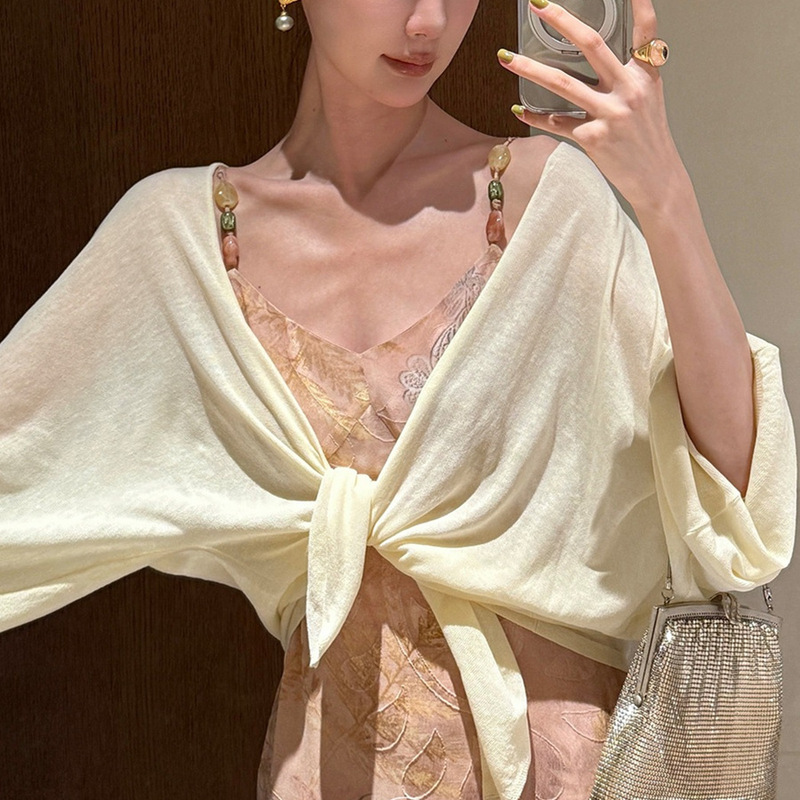 [Chengxing] Tencel Linen Air Conditioning Knitted Cardigan Women's Summer Buttonless Loose Outerwear Sun Protection Shirt