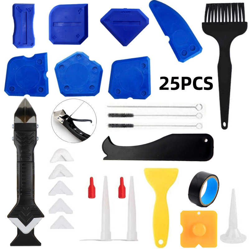 跨境25件套美缝工具5合一勾刀刮胶器金属头填缝胶刮板玻璃胶刮刀