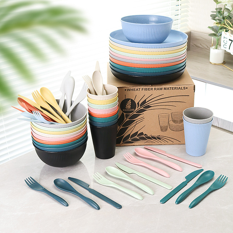 24-piece familia vajilla traje de paja de trigo rayado plato taza tazón de arroz restaurante plato tazón de fideos taza de agua