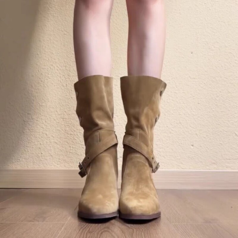 Cowhide Version ~ Belt Buckle Two-Wear Knight Boots 2025 New Mid-Calf Boots Desert Western Cowboy Boots Pile Boots