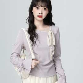 法式紫色斜领长袖恤女秋2026春秋新款蝴蝶结系带体恤收腰短上衣