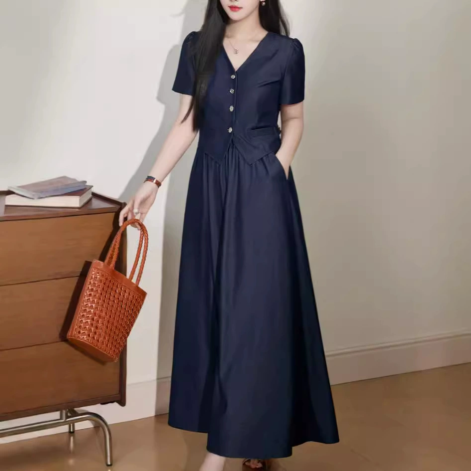 Retro denim summer skirt, set, plus size, V-neckline, A-line, fitted