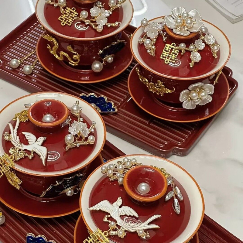 敬茶杯结婚喜碗套装敬酒茶杯改口对碗红碗一对碗筷红色婚礼龙凤|undefined