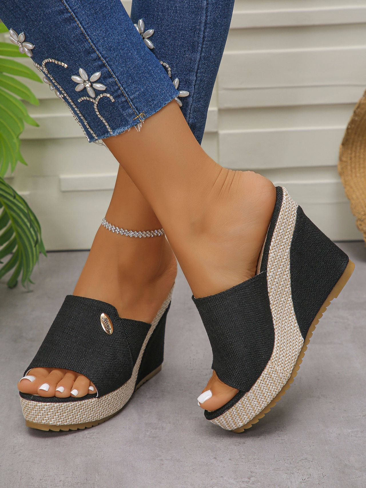 Women's Wedge Sandals Platform Colour Block Peep Toe Slippers_voghion.com
