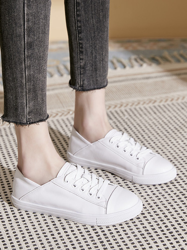 First-layer cowhide genuine leather white shoes for women  new women's shoes lace-up Korean style low-top casual sneakers for women flat
